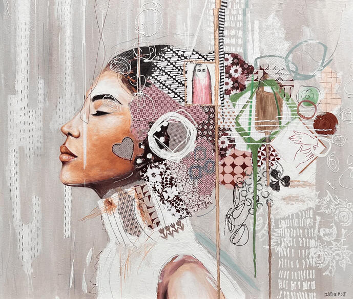 Up in the air, schilderij en papier op verf van Irene Hoff